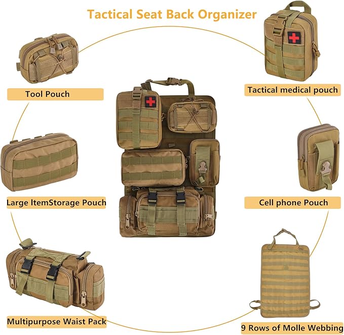 truck seat organizer and storage tactical car back seat back organizer with a Molle Vehicle Panel and 5 Different Size Molle Pouches for most models such as Jeep,SUV,Pickup (Khaki)