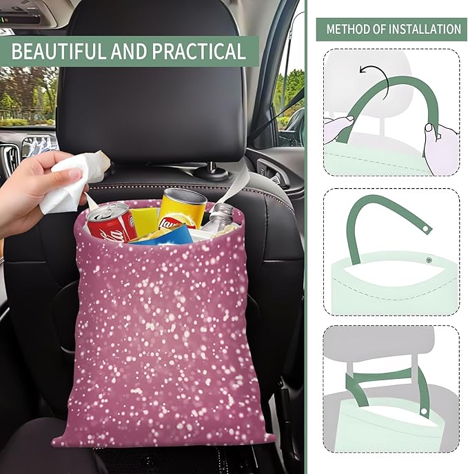 AXZOPDE Cute Car Trash Can, Hanging Canvas Car Back Seat Organizer and Storage Bag, Funny Car Trash Bag for Travelling, Outdoor Cute Pink Glitter Print