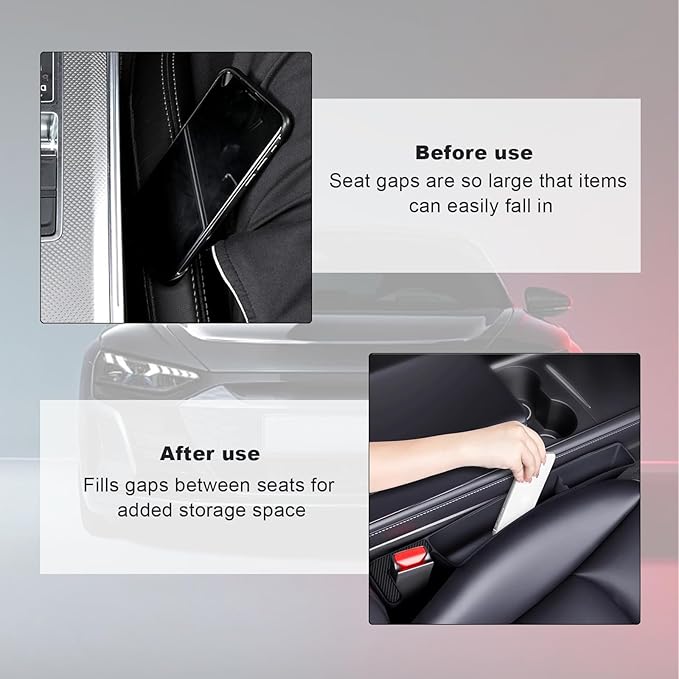 2PCS Car Seat Gap Filler, Automotive Seat Organizer Fill The Gap Between Seat and Console, Universal Car Gap Seat Storage for Phone Wallets and Keys, Car Accessories (Black)