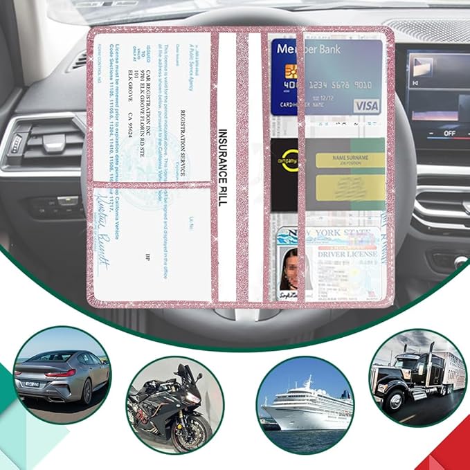 Vehicle Glove Box Car Organizer, Car Registration and Insurance Holder, Insurance Card Holder for Cars, Leather Card Holder Interior Auto Accessories for Women (Glitter-Pink)