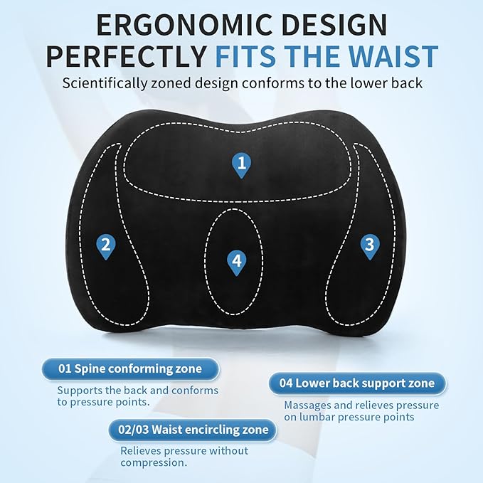 Dijialun Lumbar Support Pillow for Car, Memory Foam Back Support Lumbar Pillow for Car, Gaming, Office Chair, Ergonomic for Lower Back Pain Relief, Comfortable and Soft Fabric, Black