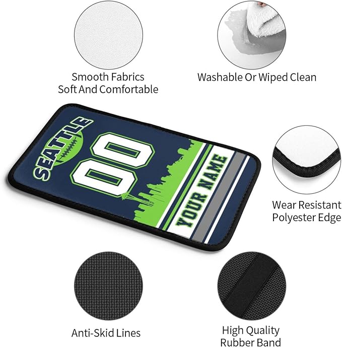 Custom Seattle Car Armrest Covers Personalized Football Style with Name Number Customized Auto Center Console Pad Car Handrail Box Cushion for Most Vehicle Decor Accessories, Fans Gift