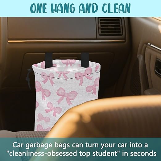 KXWQTRDD Car Trash Bag Pink Ribbon Bow Hanging Drawstring Car Organizer and Storage Bag with Adjustable Buckle Canvas Garbage Bin for Back Seat or Hanging Headrest Car Decor Road Trip Essentials