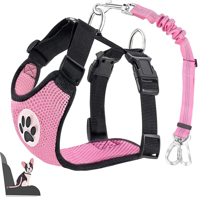 Lukovee Dog Seat Belt for Car, Adjustable Dog Car Harness for Large Medium Small Dogs, Soft Padded & Breathable Mesh Dog Seatbelt with Car Strap and Carabiner(Pink Double Clip,XX-Small)