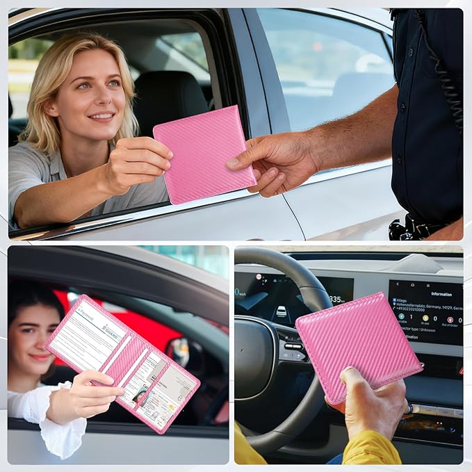 Tavonis Car Registration and Insurance Card Holder，Small Glove Box Organizer for Men and Women，Car and Truck Driver License, Documents, Card Storage Accessories，Pink