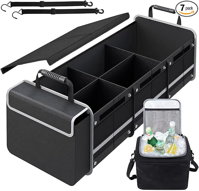 Car Trunk Organizer with Insulated Cooler Bag, Foldable & Waterproof Storage Organizer with Lid for SUV, Truck, Sedan - 4 Large Adjustable Compartments, Heavy Duty & Collapsible Design