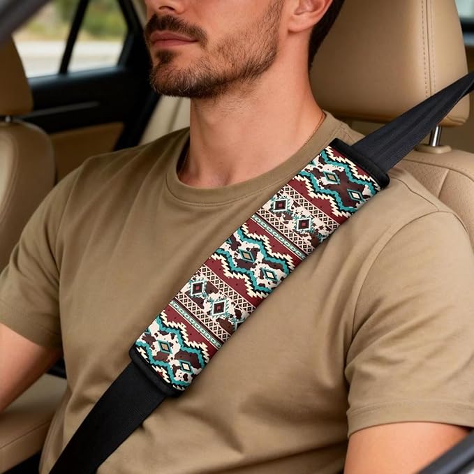 Qeluxign 5 Piece Car Seat Covers Full Set, Tribal Cow Print Front Seats Cover/Auto Seatbelt Shoulder Pads/Vehicle Center Console Armrest Cover, Universal Car Accessories Men Women Gifts