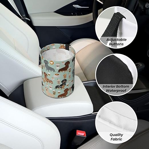 Cute Colored Coffee Dachshund Car Trash Can Leak Proof Hanging Waterproof Garbage Can Multipurpose Trash Bin for Car SUV Front Seat Headrest Collapsible and Portable Storage Pocket