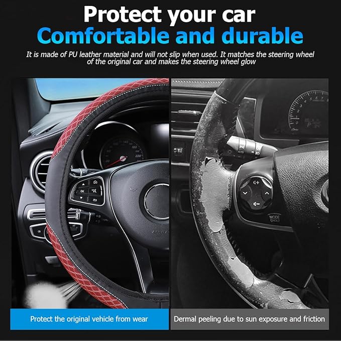 Elastic Car Steering Wheel Cover, 14.5-15 Inch Leather Non Slip Vehicle Steering Wheel Protecter Without Inner Ring, Auto Interior Protection Accessories, Universal Fit (Wine Red)