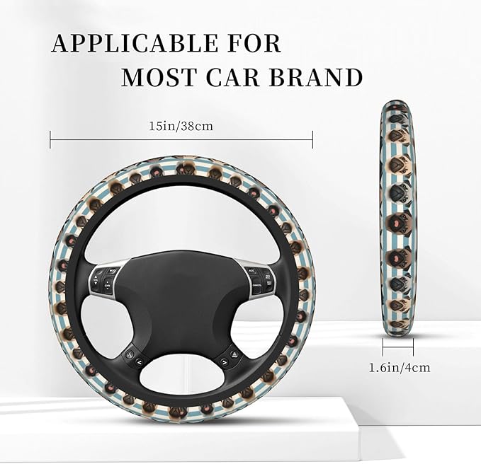 Black Yellow Pug Neoprene Steering Wheel Covers Women Men Car Accessories, Universal 15 Inch Fit Auto, Suvs, Truck