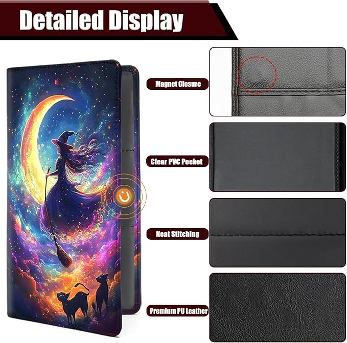 Car Registration Holder, PU Leather Vehicle Glove Box Organizer for Driver License, Document, Car Insurance Holder with Magnetic Shut, Auto Paperwork Wallet Case Accessories, Fantasy Witch Pattern