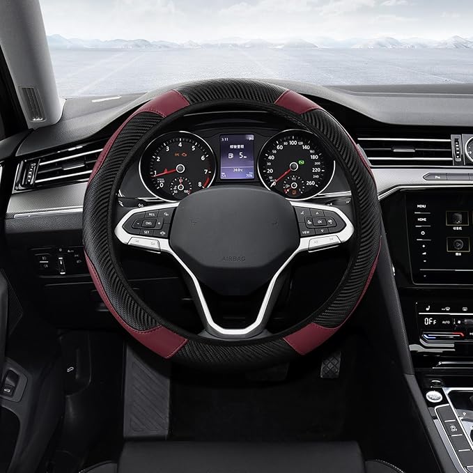 Car Steering Wheel Cover, Steering Wheel Protector, Universal 14.5-15 Inch Microfiber Leather Breathable Auto Steering Wheel Covers, Carbon Fiber Steering Wheel Cover for Women Men (Wine)