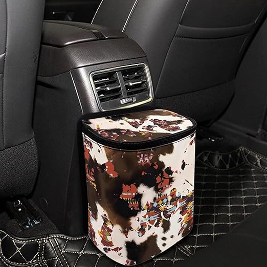 Southwestern Aztec Cow Brown Car Trash Can Garbage Bin Leak Proof Waste Basket Bin with Lid,Portable Camping Garbage Container Fit Most Vehicle