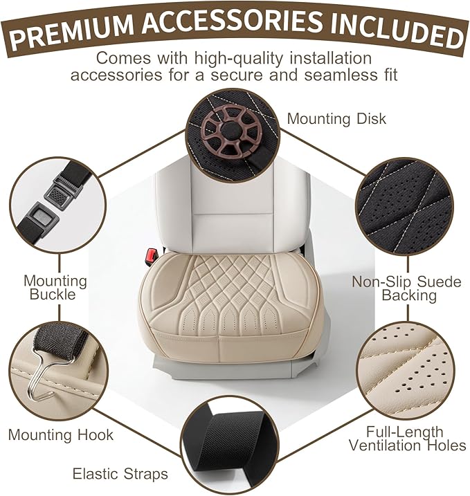 EQUIDEVDY 2 Pack Leather Bottom Car Seat Covers,Front Seat Covers for Cars,Driver Car Seat Cover,Luxury Faux Leather Seat Protectors,Full Wrap,Waterproof,for Most Vehicles,Sedan,SUV,Truck (Beige)
