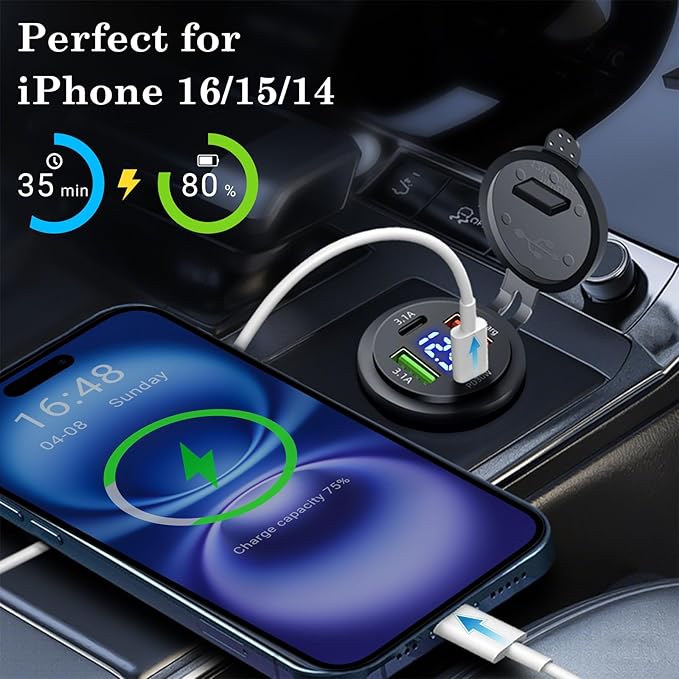 Qidoe 66W 12V USB Outlet, 4 Port Dual PD & Dual Quick Charge 3.0 Car Charger with Voltmeter for Car Boat Marine RV
