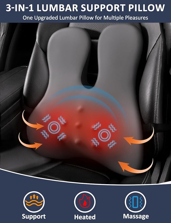 Lumbar Support Pillow for Office Chair,Heated Back Support Pillow with Vibration, Ergonomic Back Massage Pillow for Pain Relief, Memory Foam Lumbar Pillow for Car,Desk Chair,Gifts for Mom Dad