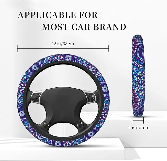 Boho Purple Flower Neoprene Steering Wheel Cover for Men Women Anti-Slip Elastic Steering Wheel Protective Cover 15in Universal Car Accessories Fit Cars, SUVs, Auto