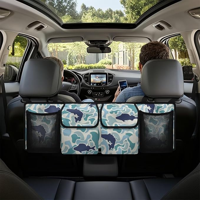 CLOHOMIN Blue Fish Camo Backseat Car Organizer Hanging Cargo Storage Organizer with 4 Pockets Car Seatback Organizer for Most Vehicle Car Interior Accessories