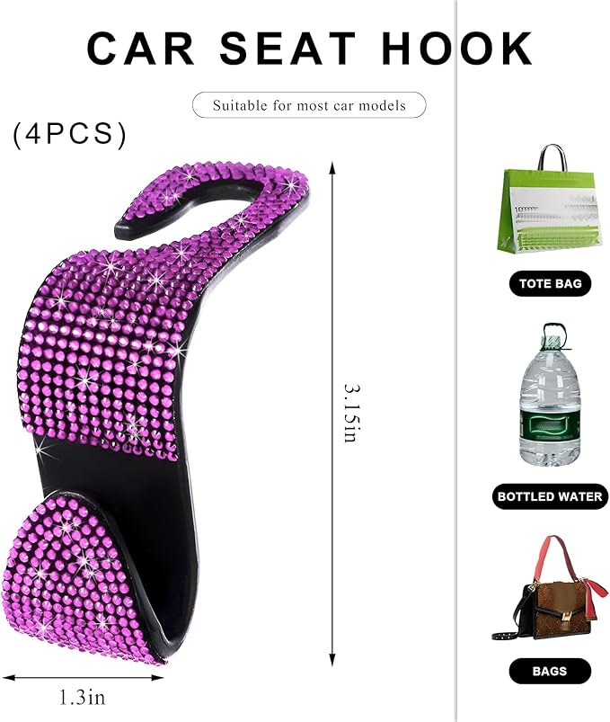 4 PCS Car Seat Headrest Hooks, Bling Crystal Rhinestone Back Seat Hanger Storage Organizer, Sparkly Seatback Holder Hooks for Purse and Bags Universal For Most Vehicles (Pink)