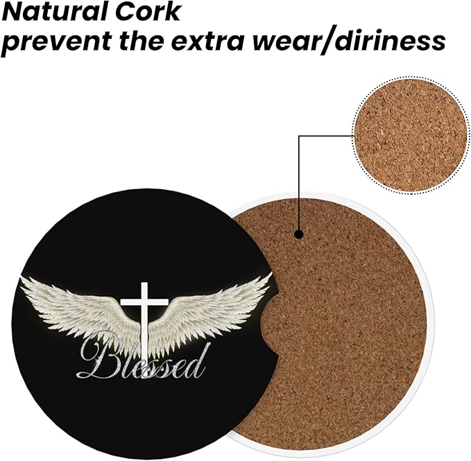 HUWAAI Blessed Cross Wing Car Cup Holder Coasters 2 Pack Universal 2.63 Inch Anti Slip Ceramic Absorbent Coaster with Cork Base and Finger Notch Cute Car Accessories Interior for Women