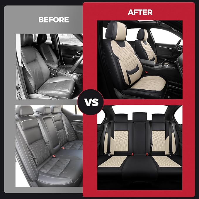 FREESOO Black Beige Car Seat Covers Full Set - Faux Nappa Leather Seat Covers for Cars, Luxury Breathable Waterproof Front Seats with Lumbar Support and Back Seat Cover, Fit for Sedans SUVs Pick-ups