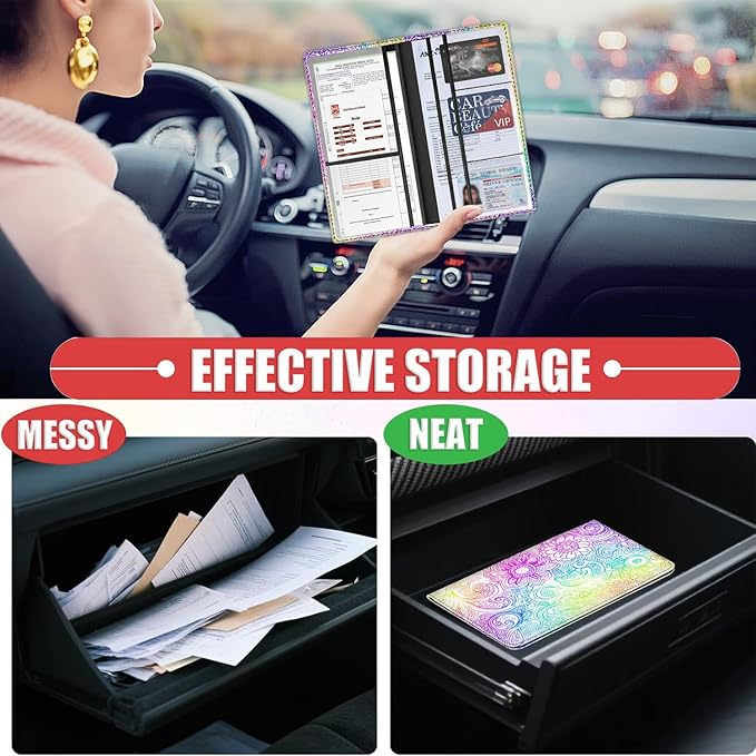 Car Registration Holder, Waterproof PU Leather Vehicle Card Document Glove Box Organizer, Women Interior Auto Accessories Case for Cards, Driver License Car Insurance Holder, Colorful Mandala Pattern
