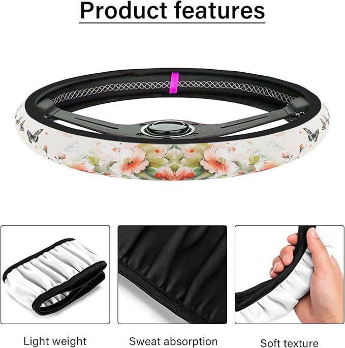 Steering Wheel Cover Neoprene Material Most Cars Men&Women Universal 15 inch Premium Non-Slip Spring Steering Wheel Protector Floral Car Accessories