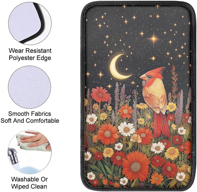Cardinal Flower Print Armrest Cover Pad for Car Moon Star Print Car Armrest Box Protector Pad Universal Fits for Sedan Truck SUV, Easy to Install Auto Decor for Women Men