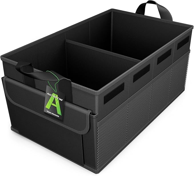 AUTOPTIM Car Trunk Organizer - 60L Collapsible Car Organizer with Non Slip Bottom for Groceries, Trunk Storage with Base Panel for SUV Sedan Van, 2 Compartments (Black, Large)