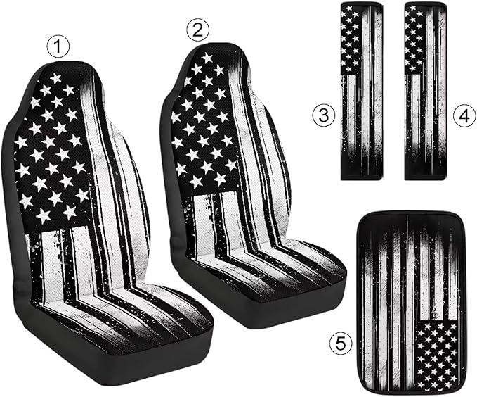 Qeluxign American Flag PU Leather Car Seat Cover Set of 5 Auto Accessories 2 Front Bucket Seat Covers, 2 Seatbelt Pads & 1 Armrest Cover, Easy to Install