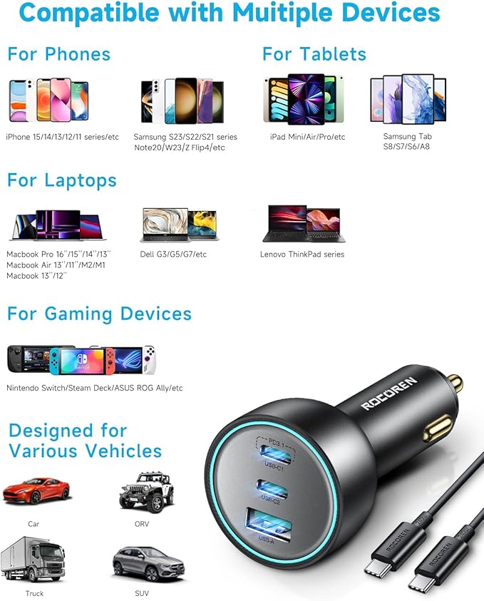 165W Car Charger for Laptops, PD3.1 140W/PD3.0 100W USB C Car Charger,Super Fast Charging Cigarette Lighter USB Charger Adapter with 240W Cable for MacBook Pro,iPhone 17/16/15,Samsung S25,iPad