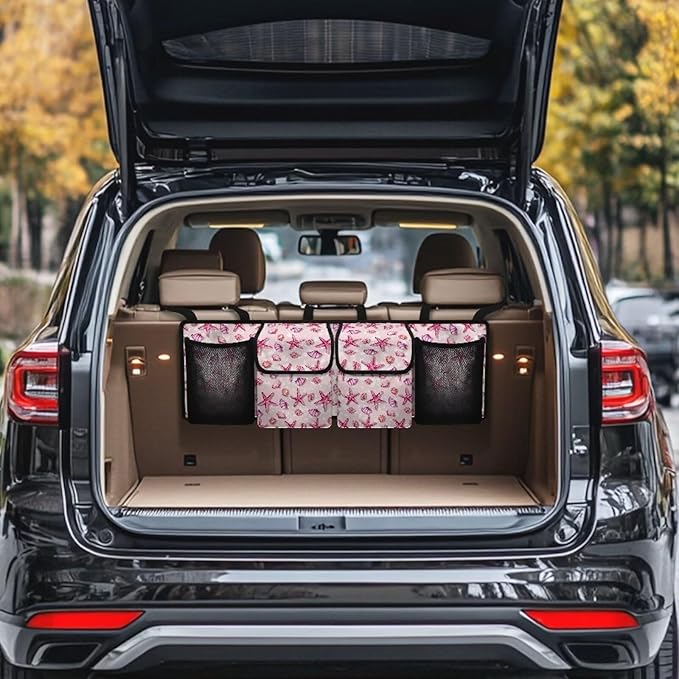 Car Trunk Organizer and Storage, Sea Starfish Backseat Hanging Organizer for SUV, Truck, Waterproof, Collapsible Cargo Storage Bag with 4 Pockets, Car Interior Accessories for Women