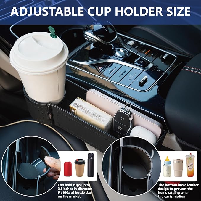 LELOYMO Car Seat Gap Filler Organizer,2 Pack Car Leather Cup Holder Gap Bag,Car Seat Storage Box with Cup Holder Expander,Car Organizer Front Seat for Holding Phone, Glasses, Keys, Cards (Black)