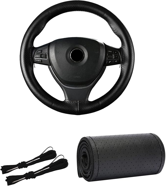 Kewucn Genuine Leather Steering Wheel Cover, 15" Universal Car Steering Wheel Protector with Needle Thread, Breathable Anti-Slip Steering Wheel Cover DIY Stitch on Wrap (Black, Full Hole)