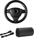 Kewucn Genuine Leather Steering Wheel Cover, 15" Universal Car Steering Wheel Protector with Needle Thread, Breathable Anti-Slip Steering Wheel Cover DIY Stitch on Wrap (Black, Full Hole)