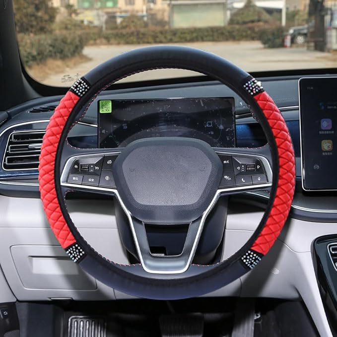 Bling Soft Leather Steering Wheel Cover, 15" Anti-Slip Sparkly Crystal Auto Elastic Steering Wheel Protector for Women Girl, Colorful Diamond Car Interior Accessory for Most Cars (Red)