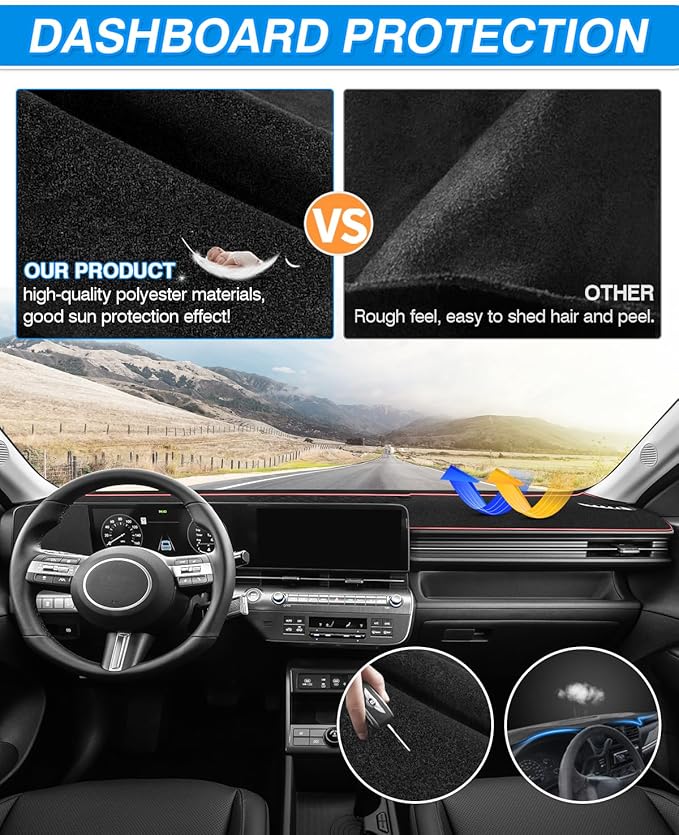 Cartist Dash Cover Compatible with Hyundai Kona 2024-2026 Dashboard Cover Mat hyundai kona 2024 accessoriesNon-Slip Carpet Sunshield Glare UV Rays Protector（New vents have been added to the left side）
