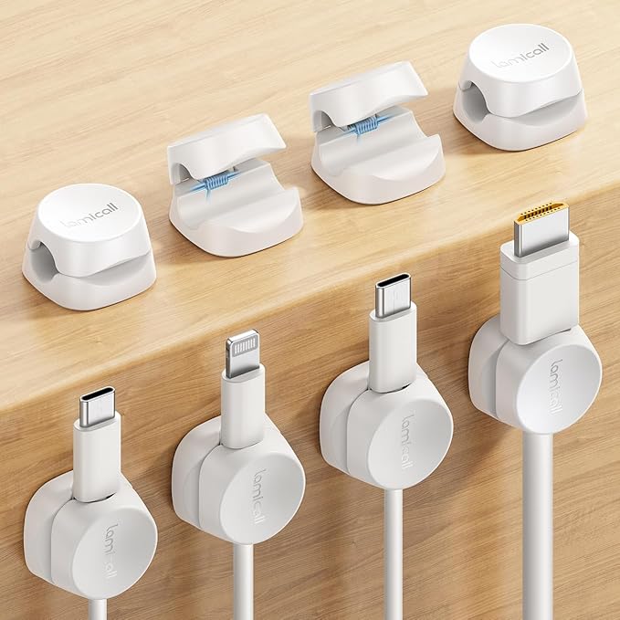 8Pack Cord Organizer [1s Lock] Spring Cable Management Clips - Lamicall Desk Organizer Cord Holder, Adhesive Cable Clips, Phone Charger Wire Keeper for Nightstand Car Office Supply Accessories, White