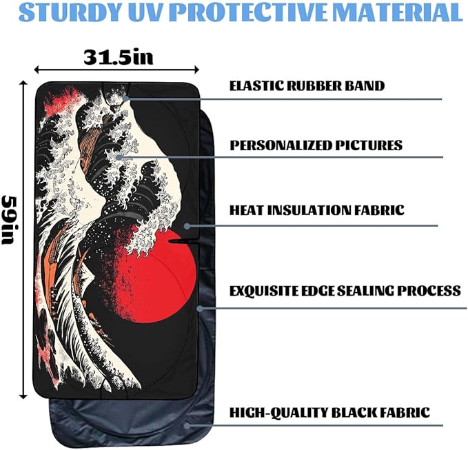Japanese Car Window Sun Shield Ocean Waves Great Wave Red Sun Front Window Sun Shade Block UV Rays Sun Shade Visor Protector for Car Sedan Truck SUV Accessories 59" L x 31.5" W