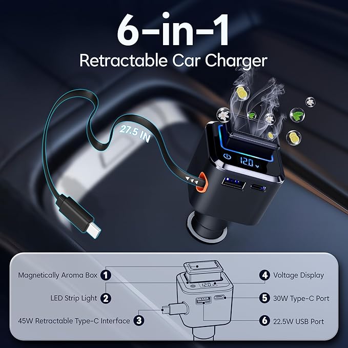 Retractable Car Charger, 6 in 1 Magnetic Car Solid Aroma Diffuser with 97.5W USB C Fast Charging Car Phone Chargers Adapter, Voltage Display for iPhone 17 16 15 14 & Android—Shop Offers Scent Refills