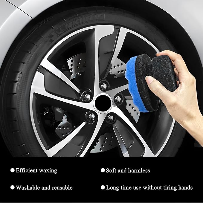 2 PCS Tire Dressing Applicator Pads, Reusable Hex Grip Tire Shine Applicator Polishing Sponge Pads, Wheel Tire Shine Detailing Foam for Most Vehicles, Car Accessories (Blue, 4.33")