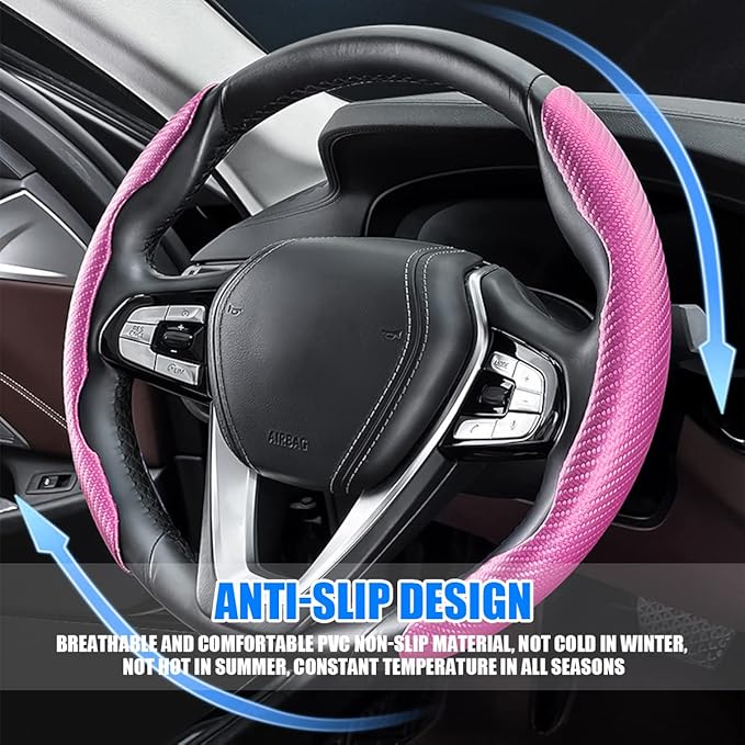 Car Steering Wheel Cover, Carbon Fiber PU Leather Segmented Steering Wheels Protector, Breathable Anti Slip Durable Auto Interior Accessories for Women Men (Carbon Fiber Pink)