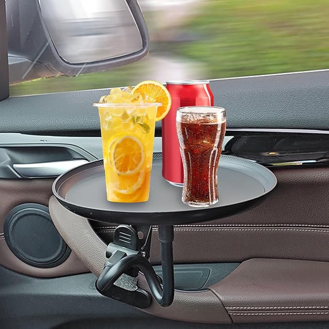 Car Adjustable Food Tray, 360° Non-Slip Swivel Vehicle Snacks & Drinks Dining Table, 8.7 Inches Diameter Automotive Clip Type Storage Tray, Universal for SUV, Truck, RV
