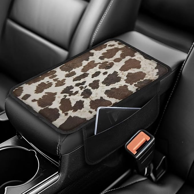 Boatee Cow Print Auto Center Console Cover Armrest Pad for Car Console Mat Universal Arm Rest Organizer for Vehicle Interior Protector Automotive Accessories Stylish Armrest Storage Box Mat Brown