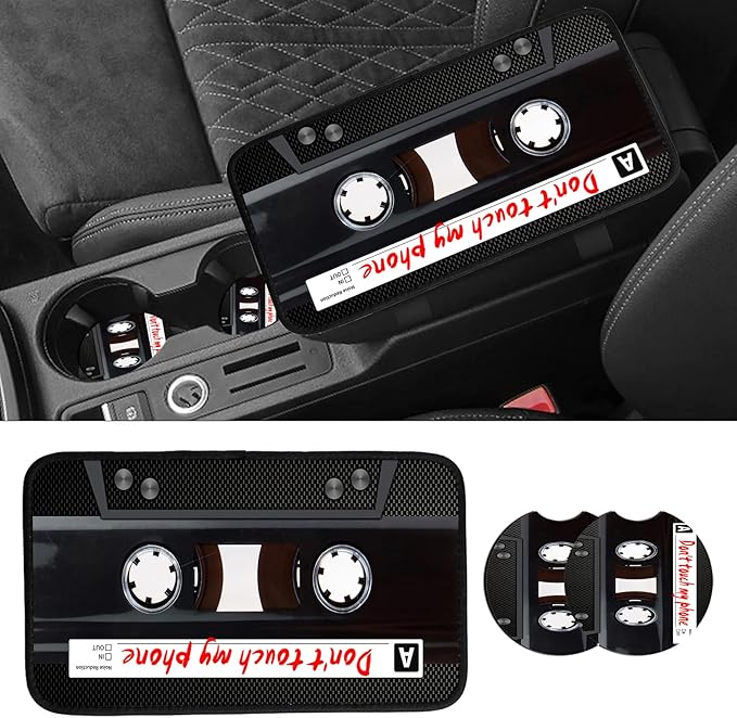 JANENFNA Car Armrest Cover Pads Universal Fashion Cute Auto Center Console Armrest Cover Pad with 2PCS Car Coasters Soft Waterproof Car Armrest Seat Protector for Women,Cassette Tape