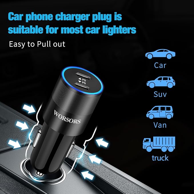 60W Fast USB C Car Charger, Dual 30W PD 3.0 Charging Ports Cigarette Lighter Adapter for iPhone 17 Pro Max 16 15, iPad, Google Pixel 10 9, Samsung Galaxy S25 S24, Android Phone with 3.3ft Type C Cable