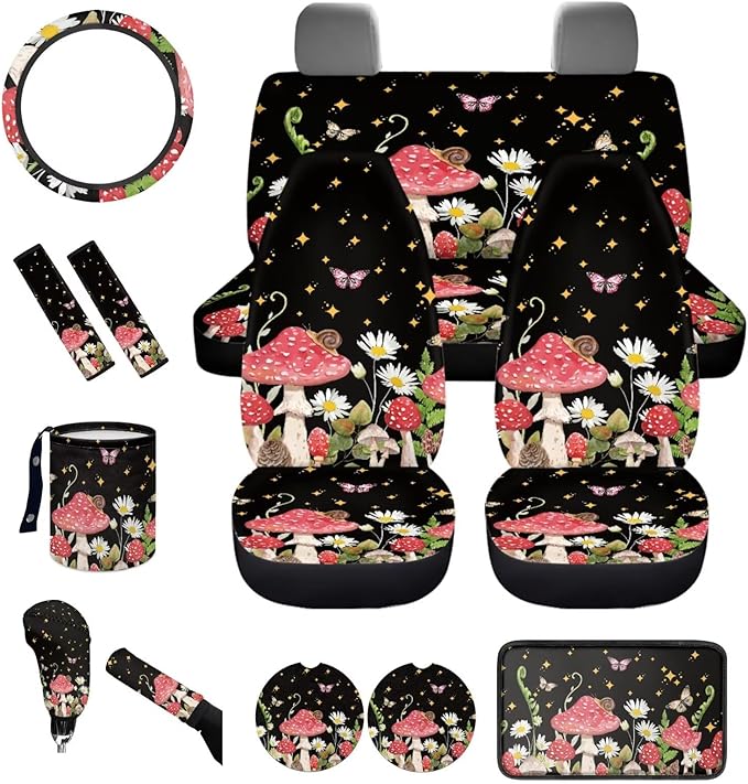 Dngkaoje Mushroom Car Accessories Full Set for Women Interior Seat Protector 13 Pcs Flower Mushroom Car Seat Covers Set for Front Rear Split Bench Cushion Pads,Trash Bin,Handbrake Shift Covers