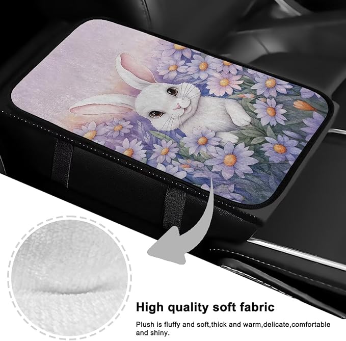 Bulopur Easter Cute Bunny Armrest Cover Car Center Console Cover Easy to Install Car Armrest Cushion Flannel Protector Protect from Pet Claws Thickened Fit for Most Cars, Vehicles, SUVs