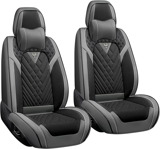 LPDK Fit for Kia Sportage Car Seat Covers Front Set 2pcs with Waterproof Leather,Lumbar Muscle Pain Healing Function,Airbag Compatible Automotive Breathable Seat Protectors(Ash Black with Pillow)