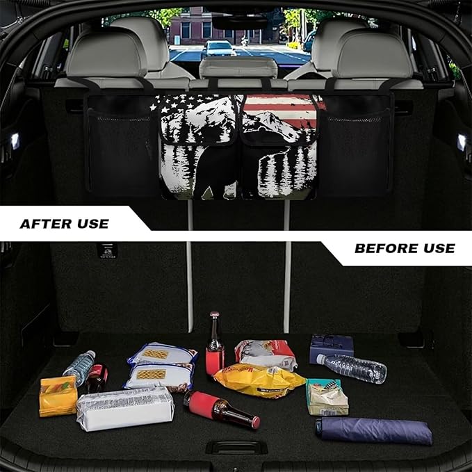 American Flag Bear Car Trunk Organizer, Large Capacity Auto Backseat Hanging Organizer, Thick Backseat Storage Bag with 2 Pockets, 2 Mesh Pockets, Car Trunk Tidy Storage Bag with Lids